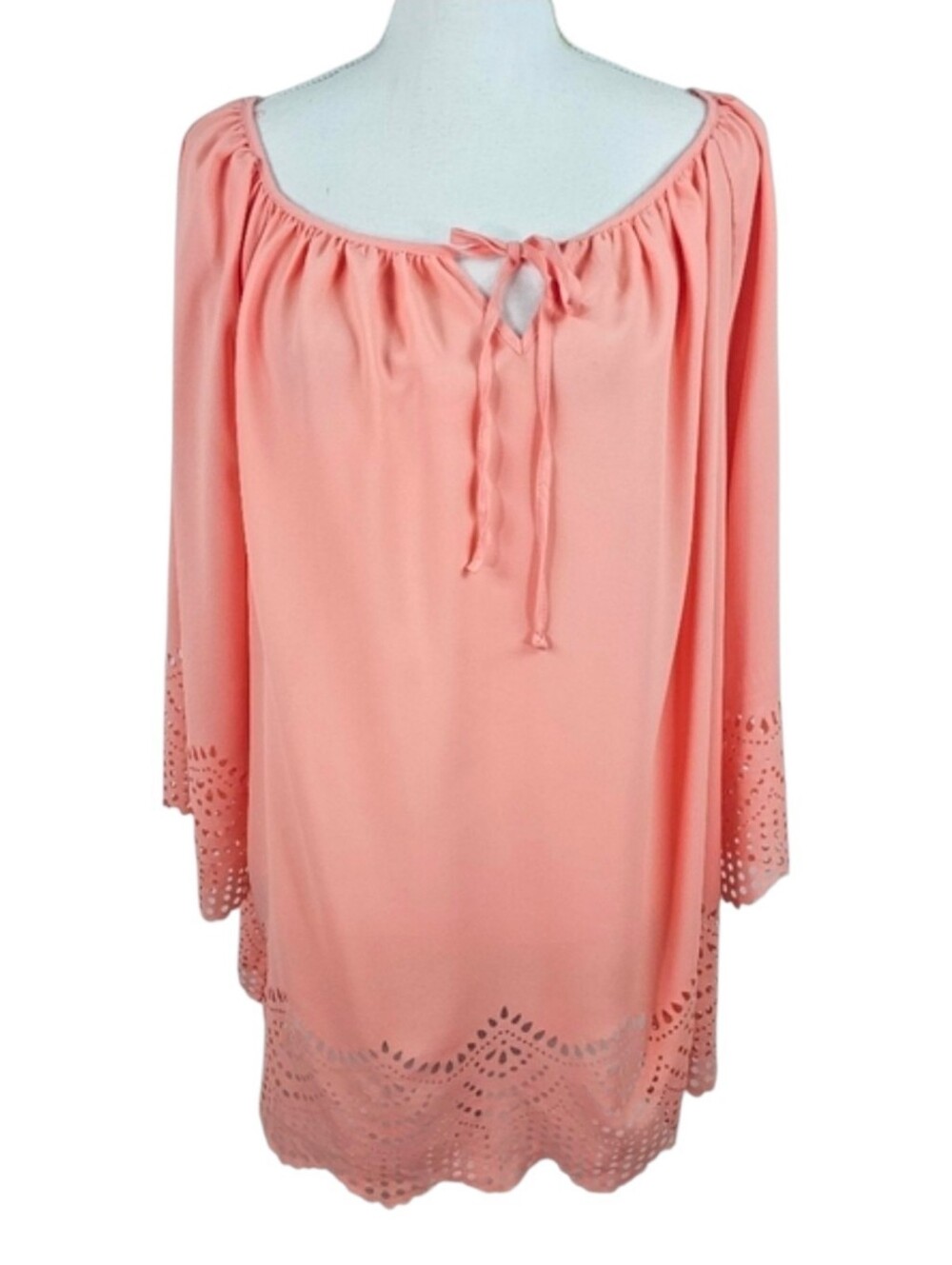 AB Studio 1X Peach Tunic Top Laser Cut Hem Peasant Boho Bell Sleeve Plus Size